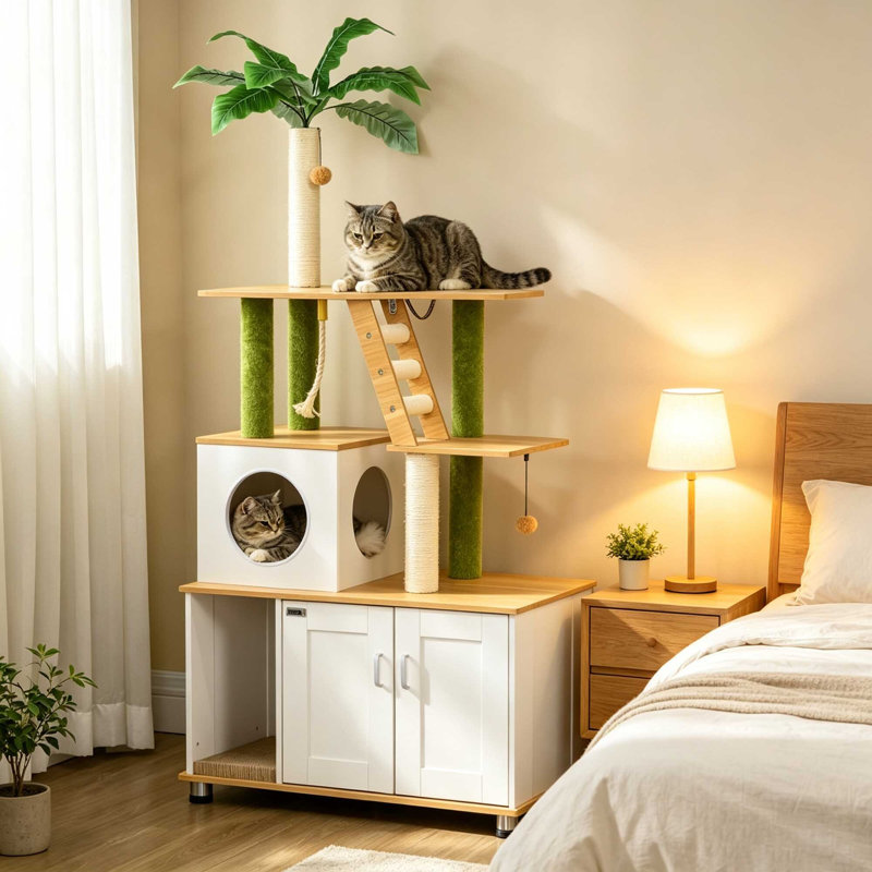 2‑in‑1 Hidden Cat Litter Box Enclosure Cat Tree with House, Ladder & Scratching Posts, Oak