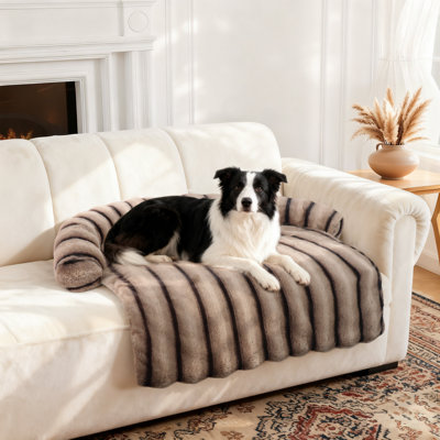 Cuddly Striped Couch For Pets - Protector Dog Bed, Faux Fur Couch Cover Dog Sleeping Mat