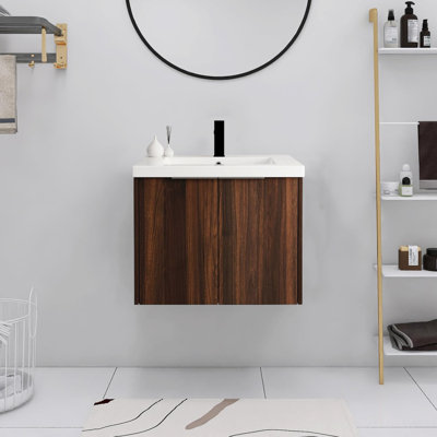 Modern 24" Floating Bathroom Vanity Medieval Wall-Mounted Dresser With Natural Wood Grain Design With Resin Sink And Soft-Close Door, Double Doors