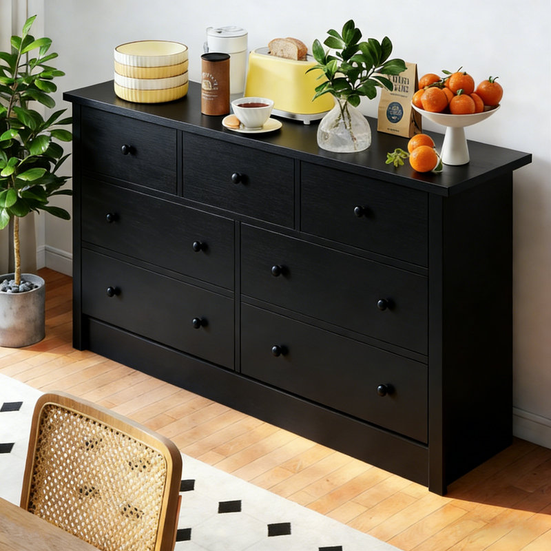 57-inch Wide, 7-drawer Dresser — Farmhouse-style Bedroom Chest, Modern Clothing Storage Cabinet For Living Room And Entryway, Black
