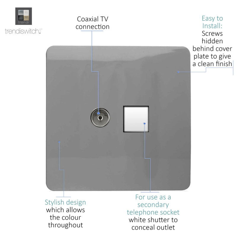Trendi Switch 2 Gang Female TV Co-Axial & Telephone Sockets, Light Grey