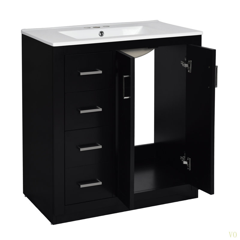 Ensemble de meuble-lavabo 30 po avec lavabo en céramique, armoire de rangement en bois massif, ensemble de meuble-lavabo autoportant avec 3 tiroirs et portes à fermeture douce