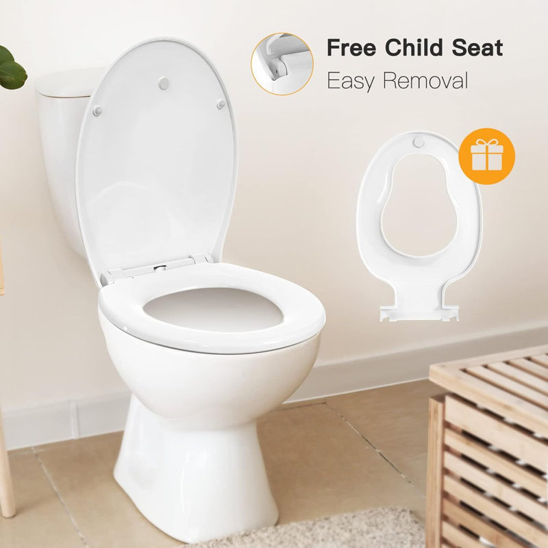 Soft-closing toilet seat, movable child seat, quick drainage, white toilet seat, adjustable hinge