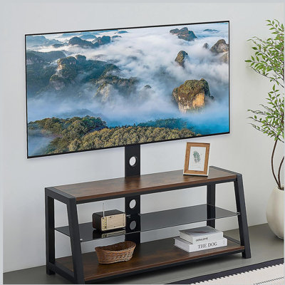 Meuble télé avec rangement en bois et plateau en verre trempé noir