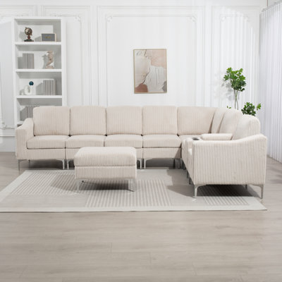 Canapé modulaire convertible en velours côtelé avec repose-pieds, porte-gobelets, ports USB pour le salon, beige