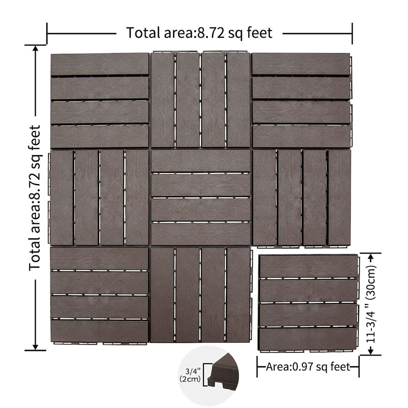 Ensemble de 27 tuiles de terrasse à emboîtement de patio, tuiles de terrasse carrées composites de 12 po x 12 po, quatre tuiles de plancher en plastique pour l'extérieur pour terrasse