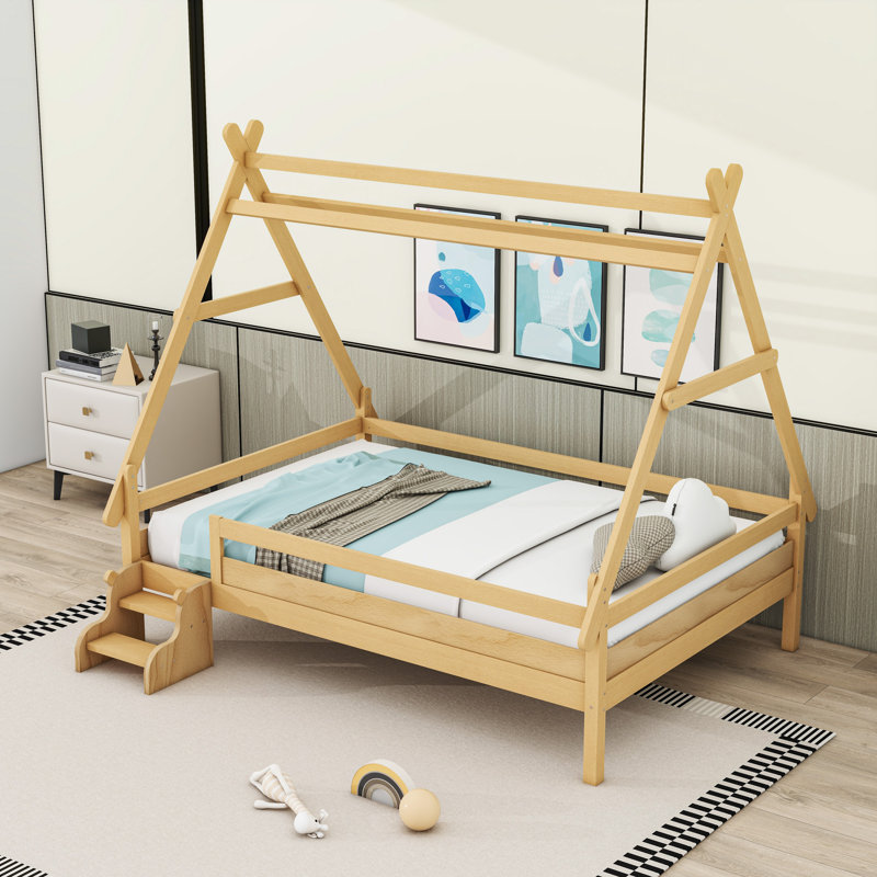 Lit plateforme en bois avec escalier, Naturel, Double