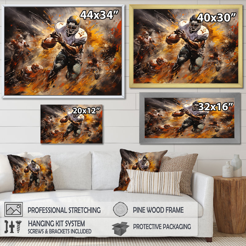 Yellow Football Abstract Victory - Sports Canvas Prints, H 16 po x l 32 po x P 1 po, Cadre simple noir