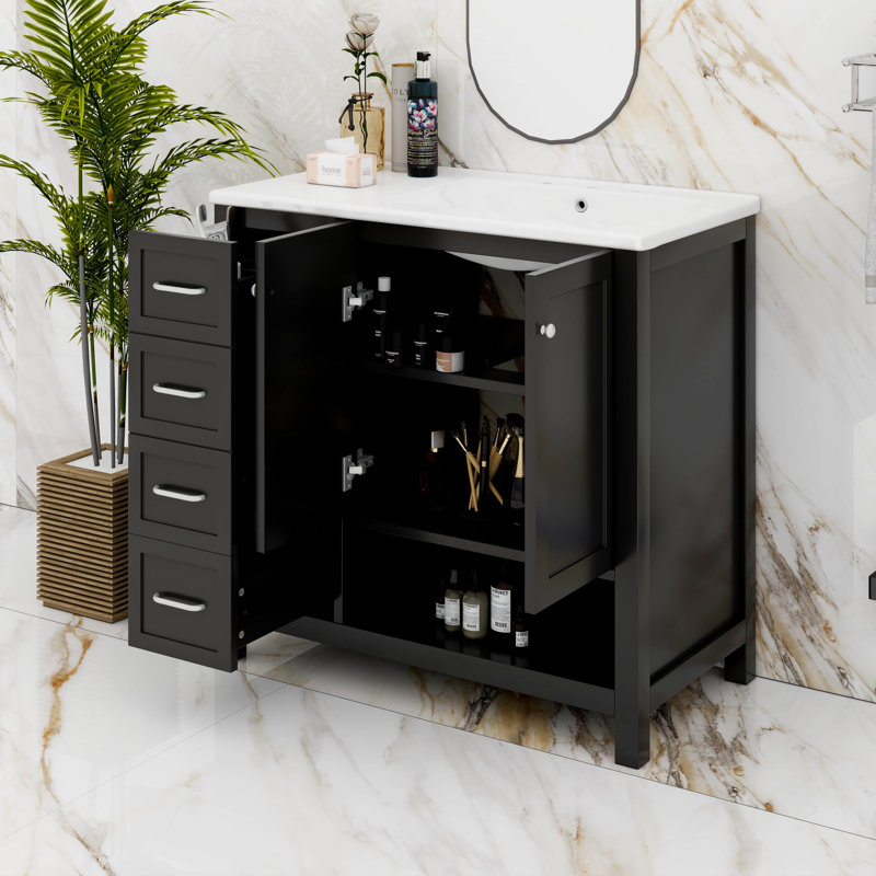 Armoire de salle de bain avec deux portes et deux tiroirs, Noir