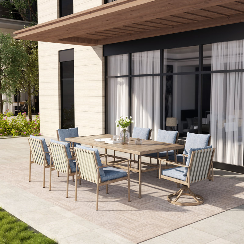 Mariene Rectangular 8 - Person Outdoor Dining Set, Beige, Blue