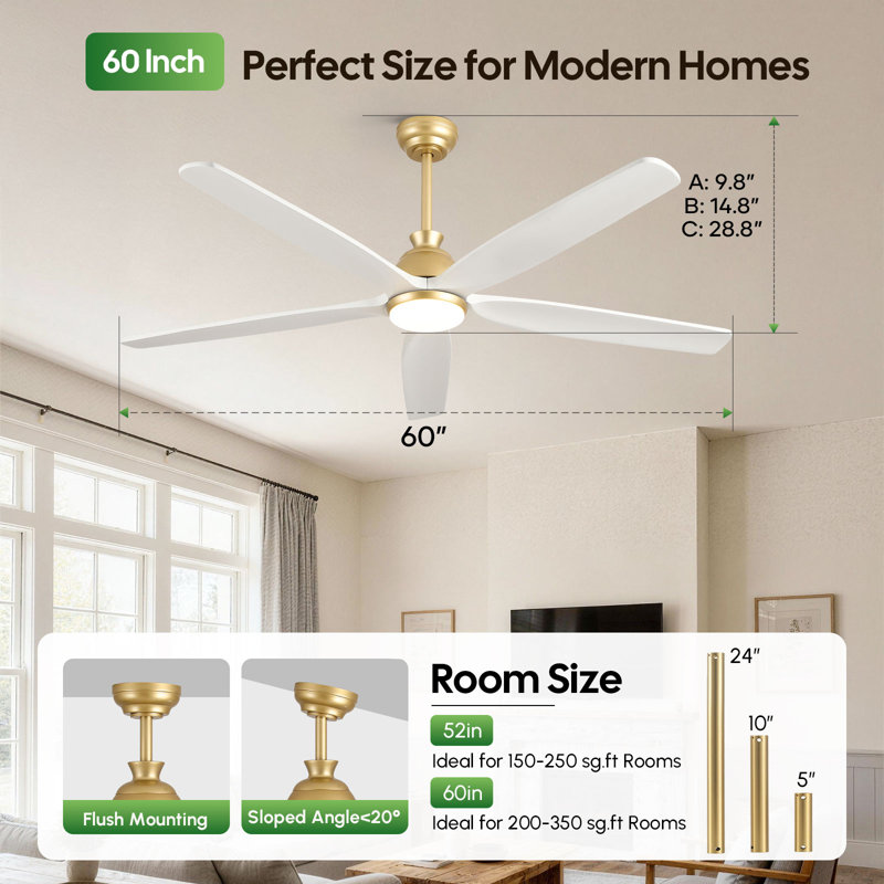 Ceiling Fan With Led Light, Remote Control, Reversible Motor, 3 Cct, 5 Solid Wood Blades, 60" Wide, White Wood
