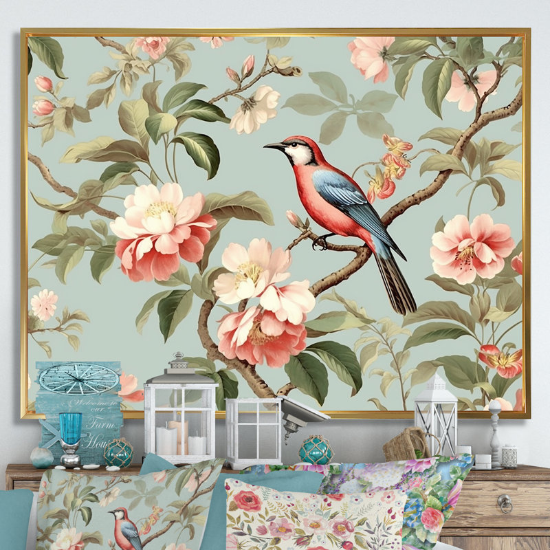 Chinoiserie, oiseaux et pivoines III sur toile, Cadre flottant doré, H 16 po x l 32 po x P 1 po