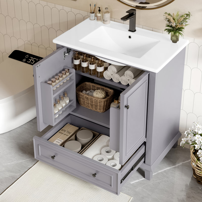 Single Bathroom Vanity with Ceramic Basin, Grey