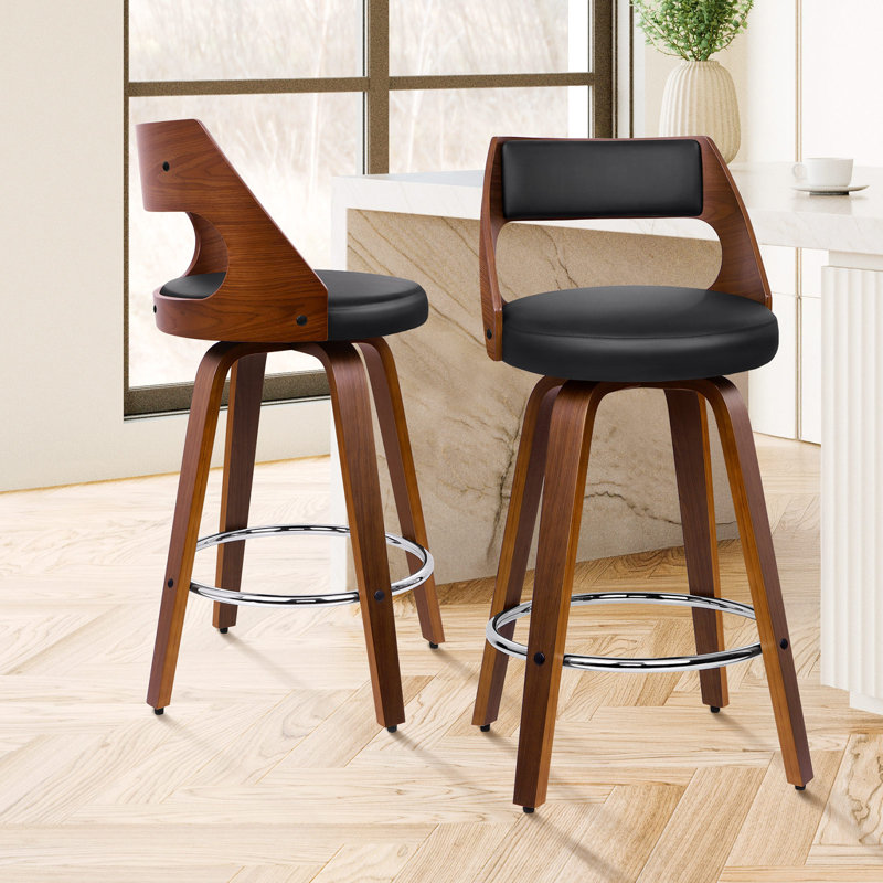 Swivel Upholstered Counter Stool with Solid Wood Frame, Black/Brown