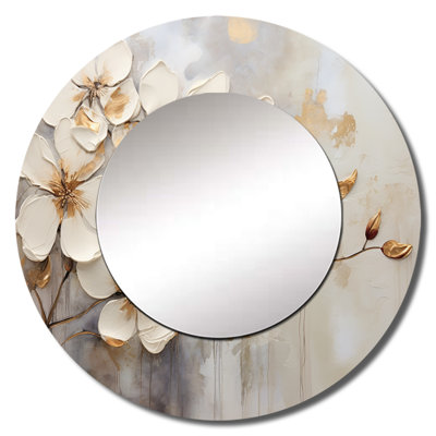 Beige And Gold Minimalism Violets - Violets Wall Mirror, Beige Round Decorative Mirror, Printed Metal Art