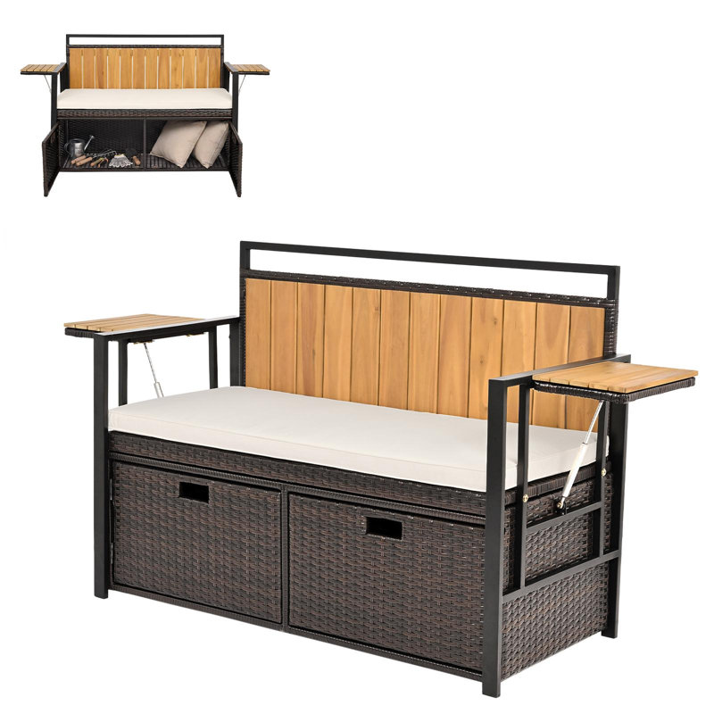 Causeuse de patio 2 places en rotin avec banc de rangement extérieur et 2 tables d'appoint