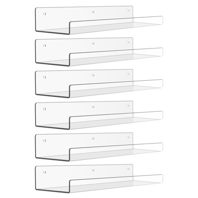 6 Pack Acrylic Shelves For Wall Storage, Floating Bookshelves For Kids, Display Shelf Organizer For Bathroom, Bedroom, Living Room, Kitchen, Room Decor, Clear