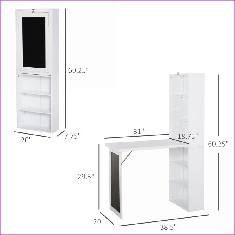 Desks Fold-Out Convertible Wall Mount Desk with Blackboard, Storage Shelf, White | Particle Board, White