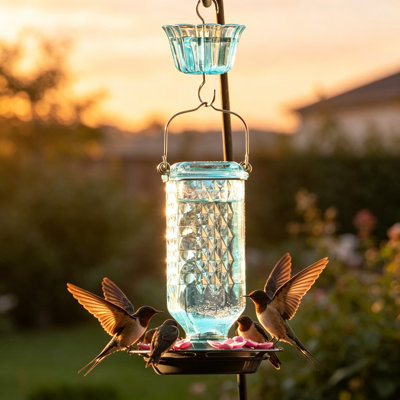 Nature’s Way Dewdrop Column Antique Teal Glass Gravity Hummingbird Feeder with Ant Moat, Flexible Pink Lilac Flower Ports, Continuous Perch Ring, Easy-Clean Pewter Plastic Base