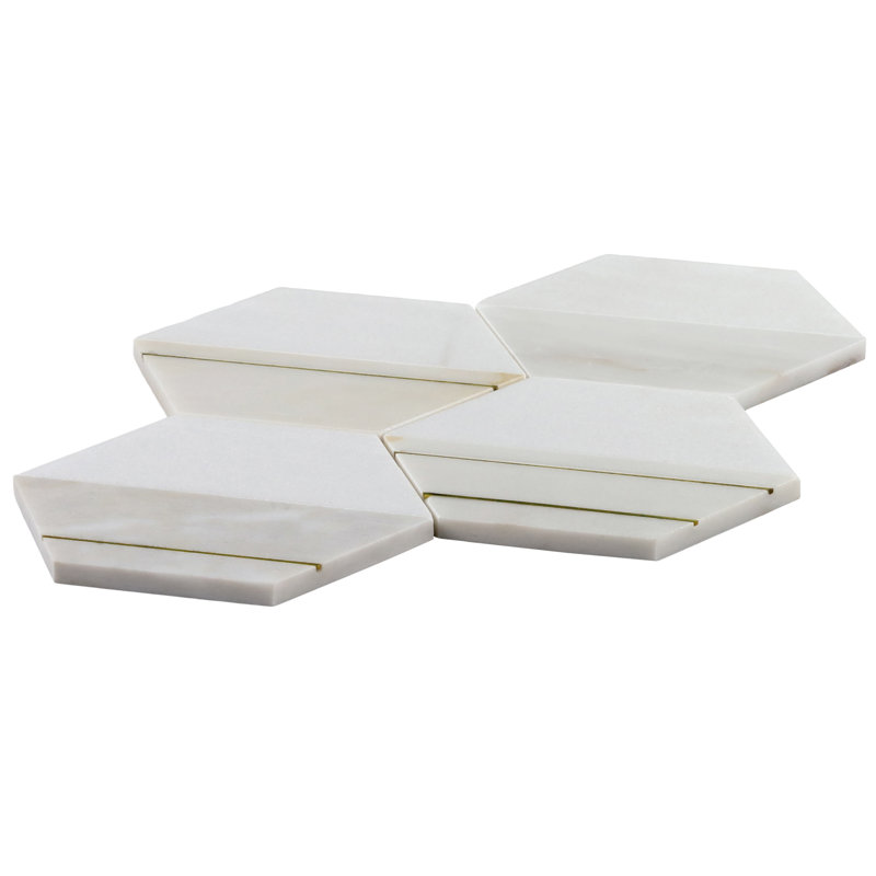 Carrelage mosaïque hexagonal en marbre et laiton 10,43 po x 12,04 po Meld (0,87 pi. Ca. / feuille), Bianco
