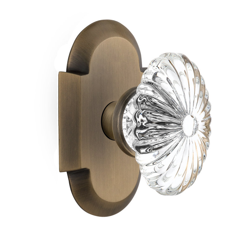 Cottage Plate with Oval Fluted Crystal Door Knob, Antique Brass, 2.375"
