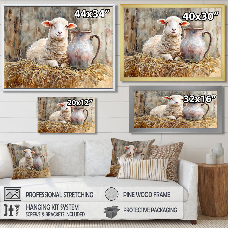 Douwine Baby Sheep Portrait at The Barn I - Sheep, art mural de salon, H 30 po x l 40 po, Brun, Impression encadrée flottante