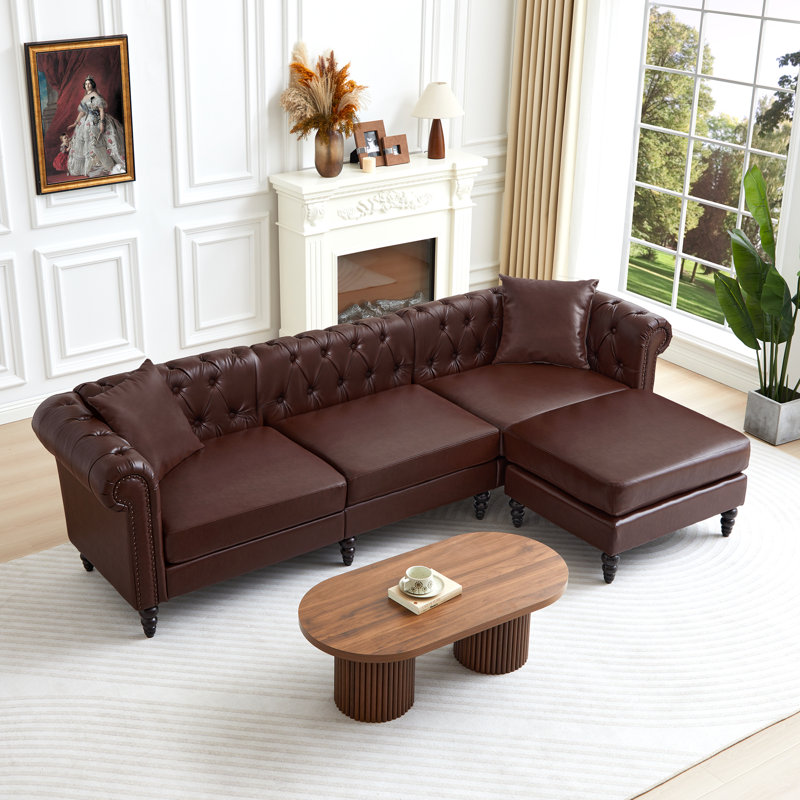 108.7" Wide Sectional Sofa With Ottoman, Dark Brown