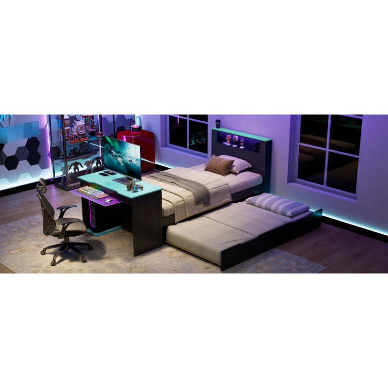 Lit plateforme simple avec lit gigogne, bureau, tête de lit à panneau noir et bleu, zone de jeu et d'étude, conception peu encombrante, tête de lit intelligente en bois à utilisation à long terme, qualité intégrée