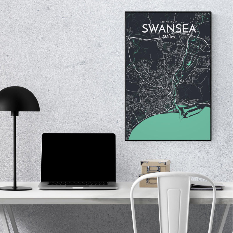 Swansea City Map, impression, H 36 po x l 24 po, Vert/gris