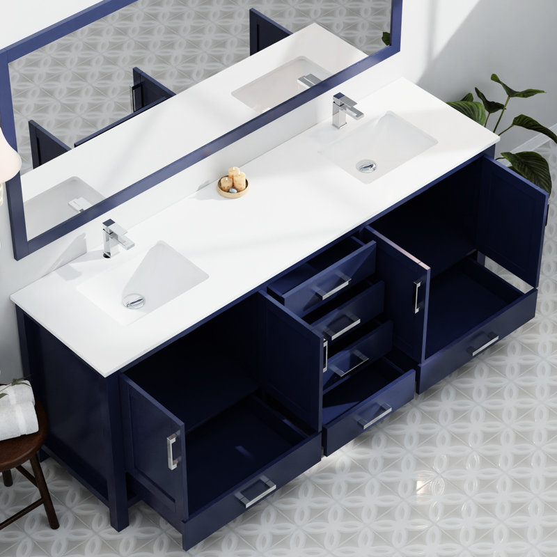 Meuble-lavabo double 84 po x 22 po bleu marine, comptoir et robinet en marbre de culture, miroir 34 po, teinture pour la salle de bain et fabuleux