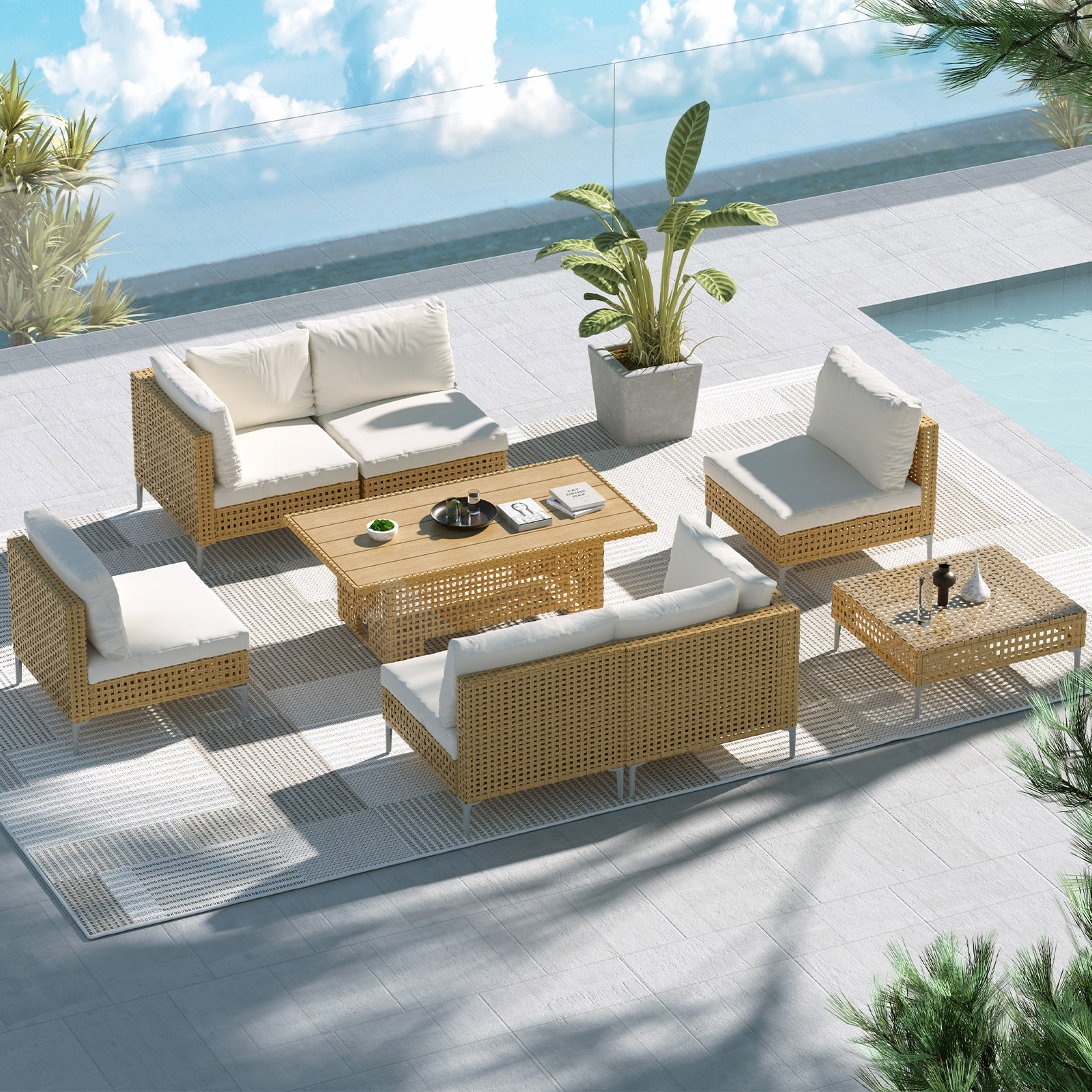 Frans 8-Piece Outdoor Furniture Seating Group for 6 Person with Lift-Top Coffee Tables and Cushions
