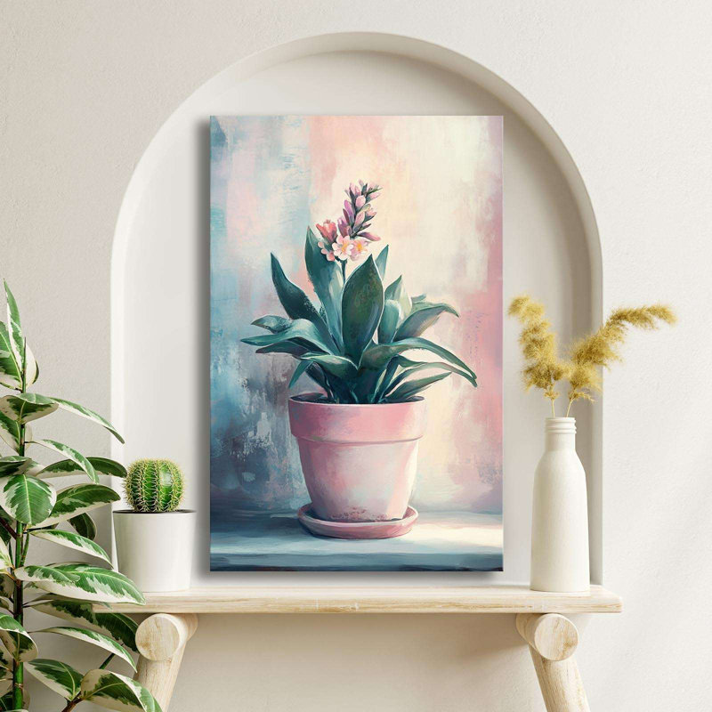 Art mural botanique avec pot de fleurs roses - 17,7 po x 27,6 po, H 27,6 po x l 17,7 po