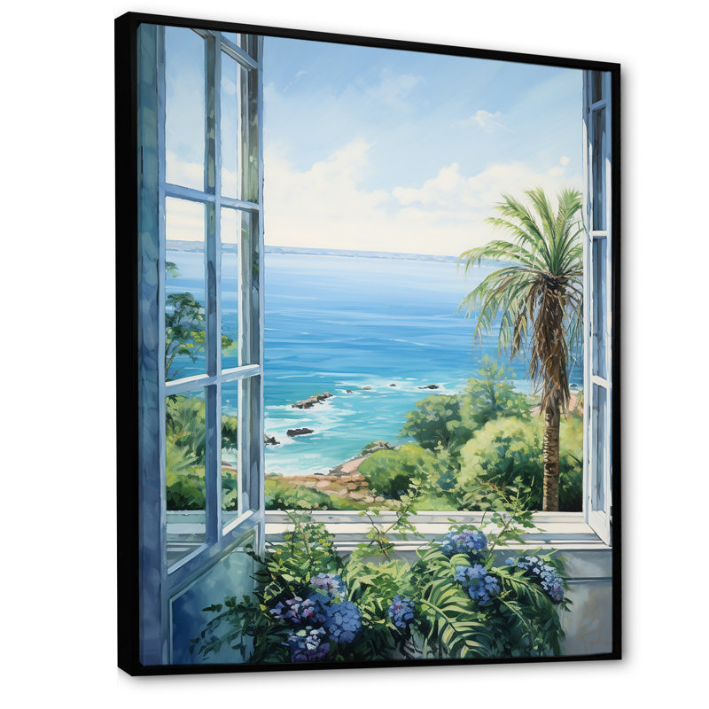 «Tropical Windows To The Beach I» - art mural de fenêtres côtières, H 32 po x l 24 po x P 1 po, Cadre flottant noir