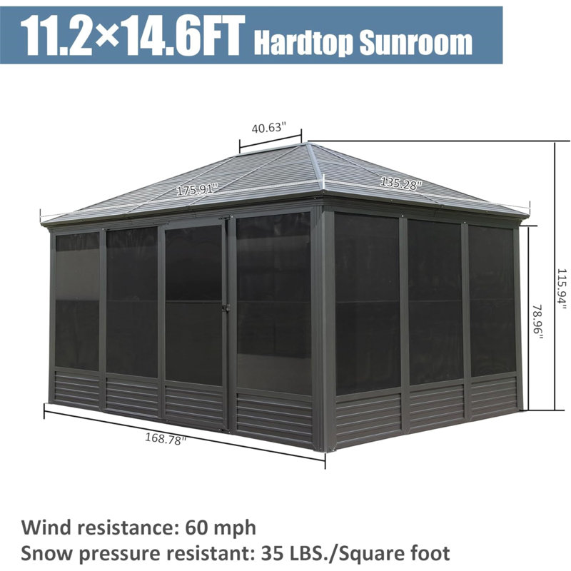 Sunroom, Four Season Solarium Aluminum Hardtop Gazebo With Galvanized Steel Roof, Movable PVC Screen Walls, Sliding Doors, Sun Room Pavilion Gazebo For Patio Deck Backyard