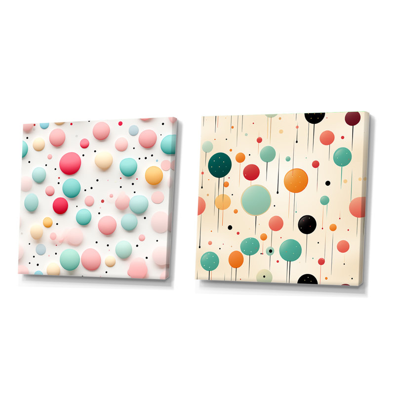 Funky Polka Dot Delights - Ensemble de 2 collages carrés à formes abstraites, Toile tendue, H 36 po x l 73 po