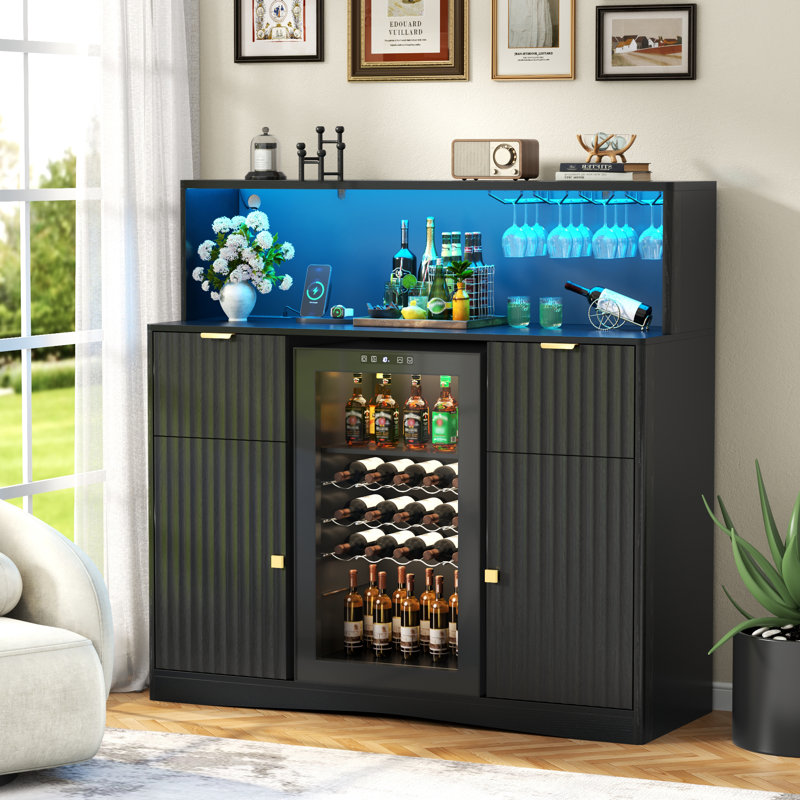47'' W Black Fluted Wine Cabinet With Fridge Space (18.8''w X 20''d X 31.8''h), Stemware Racks, Storage Drawers, Modern Coffee Bar Cabinet For Dining Room, Kitchen Or Living Room
