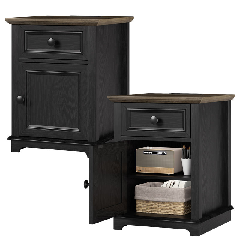 Brittnei 1-Drawer Manufactured Wood Nightstands with Storage and Built-in Outlets, Black, 2