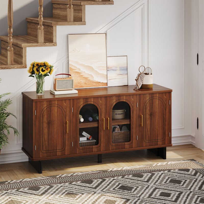 Mid-Century Modern TV Stand with Storage, TV Console Table with Glass Doors for Living Room, Brown