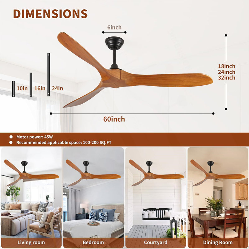 Ventilateur de plafond en bois de 60 pouces sans lumière pour une utilisation intérieure et extérieure, moteur à courant continu réversible ETL, idéal pour les pièces et les patios de taille moyenne