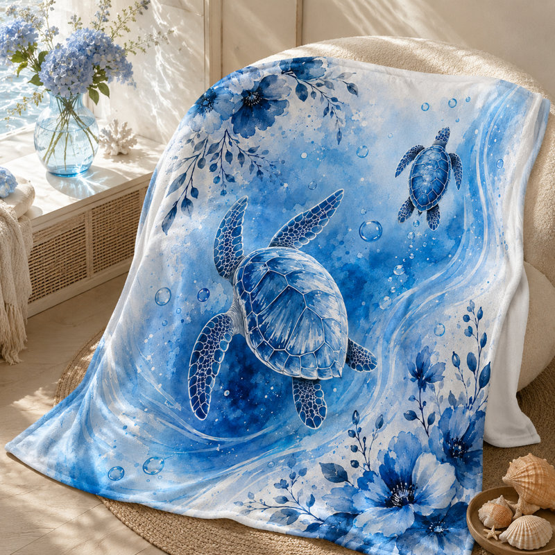 Blue Floral Sea Turtle Blanket, Watercolor Ocean Turtle Art with Flowers and Bubbles, Flannel Throw for Sofa, Bed, Reading, Travel and Lounging, 40 x 50 in