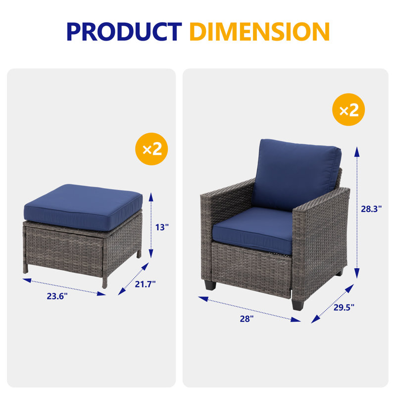 Chaise longue et repose-pieds en osier, Coussin bleu / cadre gris