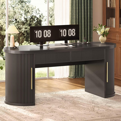 58.3" Computer Desk With Drawer, Rattan Home Office Desks With Storage Cabinet, Farmhouse Office Desk
