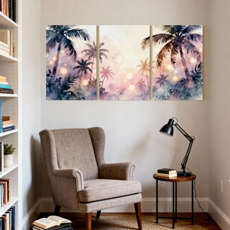 Palmiers, palmiers tropicaux, coucher de soleil, ensemble de 3 impressions sur toile, H 24 po x l 48 po