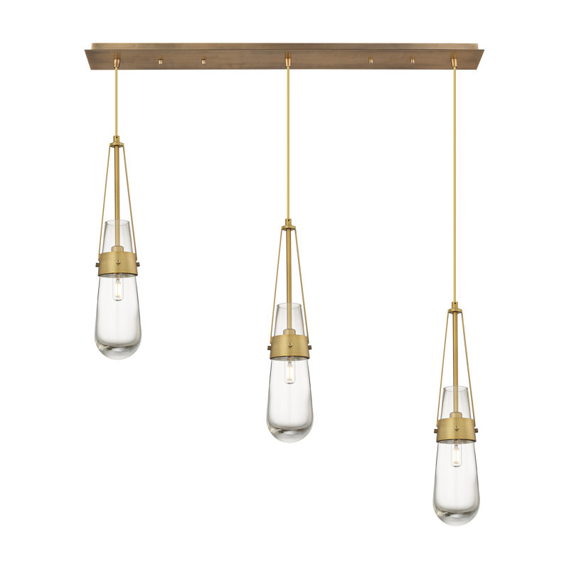 Luminaire suspendu pour îlot de cuisine 3 lumières Ranson, Laiton brossé, Transparent