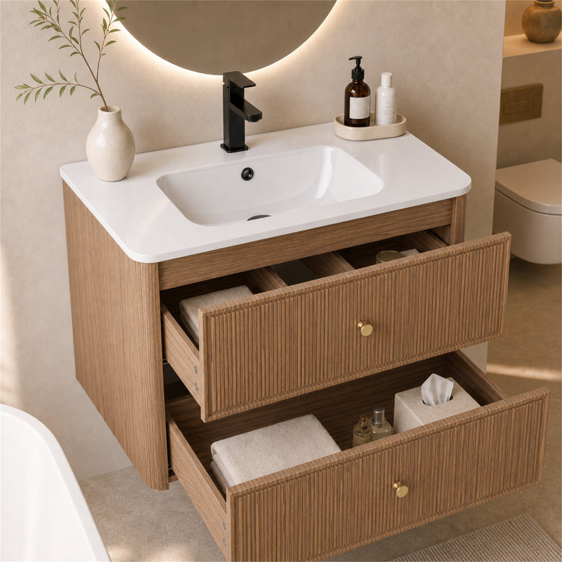 Meuble-lavabo mural simple de 61 cm (24 po) avec lavabo, style moderne du milieu du siècle, en bois cannelé avec coins arrondis, 2 tiroirs à fermeture douce