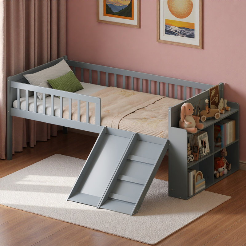 Lit en bois avec tablettes de rangement, rangement sous le lit, glissoire et échelle, Gris