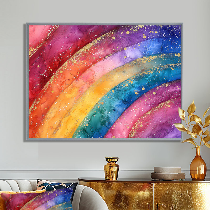 Radiant Cascade of Rainbow II - art mural arc-en-ciel, Impression dans un cadre flottant sans passe-parto, Argent argent