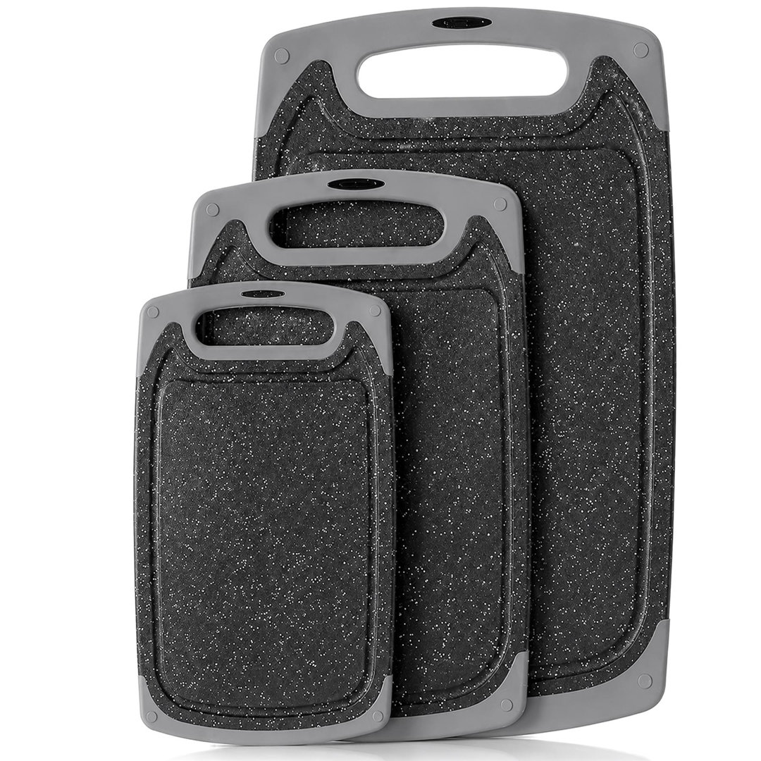 Granite Effect Non-Slip Chopping Board Set with Handles, Set of 3 - Grey & Black