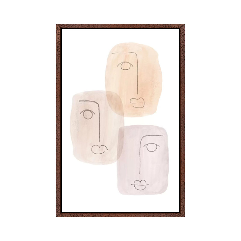 Abstract Boho Faces - Painting on Canvas, 66.04cm H x 45.72cm W x 3.81cm D, Classic Brown Wood Framed