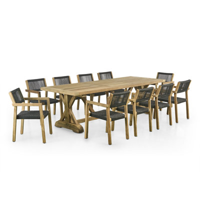 102" French X Reclaimed Teak Indoor Outdoor Dining Table Set With Rope Teak Armchairs